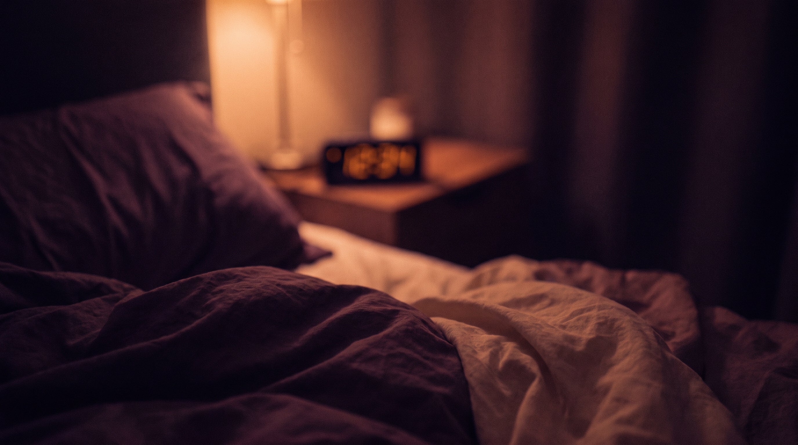 Dark bedroom at night with the faint glow of a bedside clock