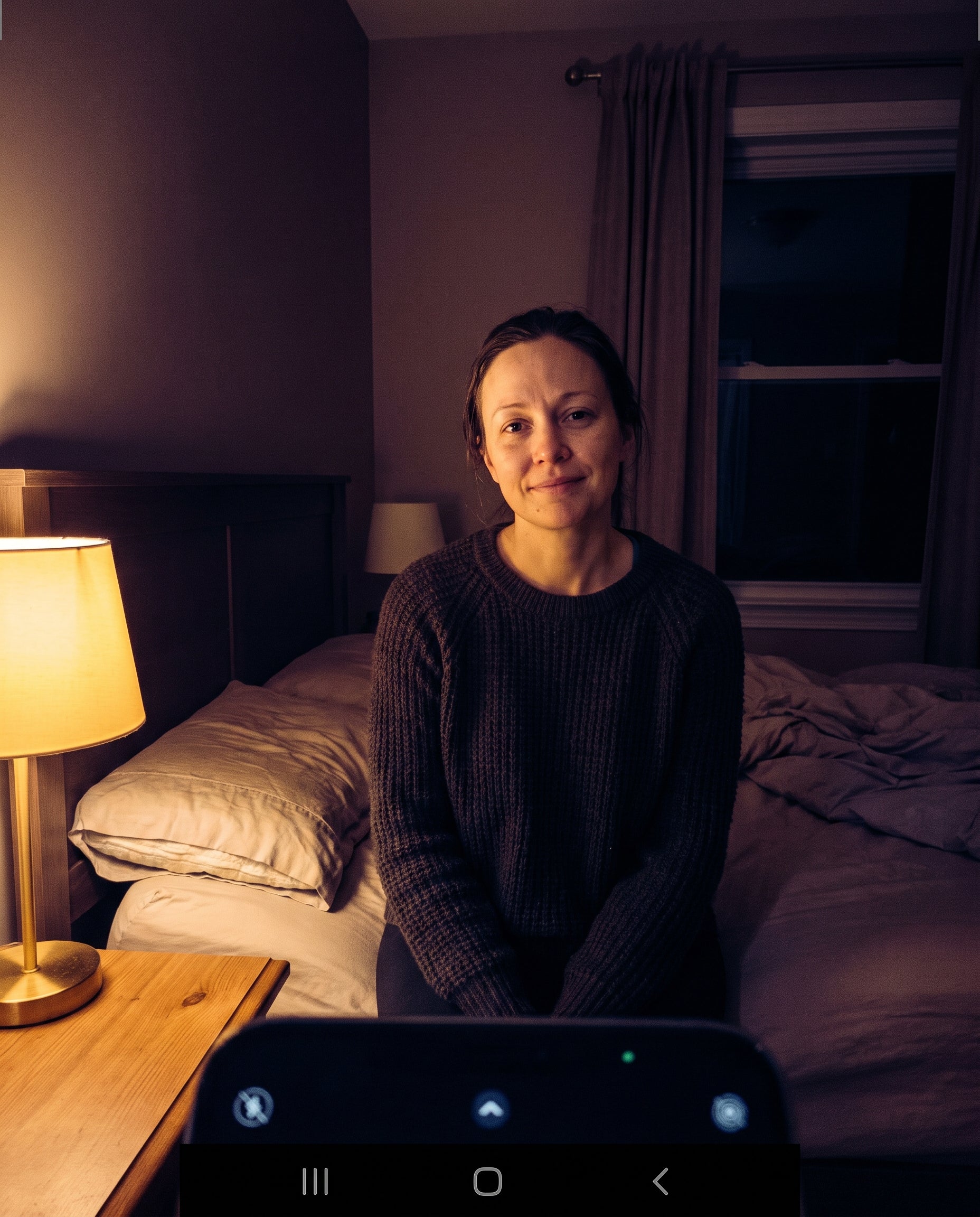 Nightset founder sitting on the edge of her bed at night