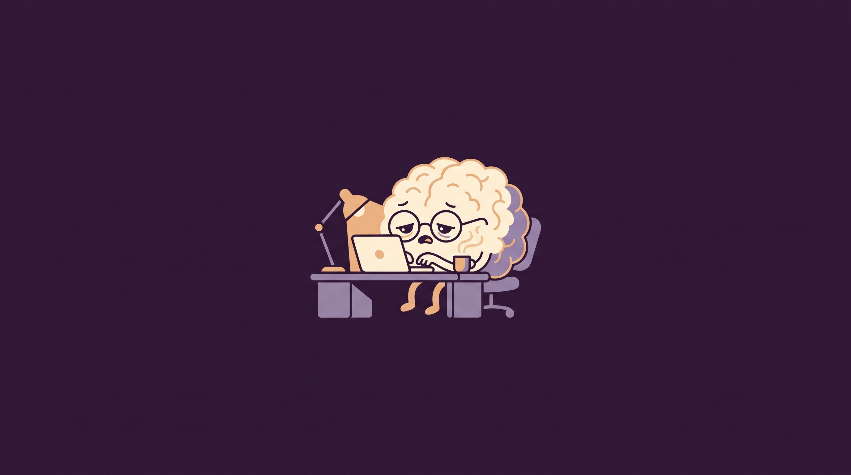Illustration of a small brain character working late at a desk